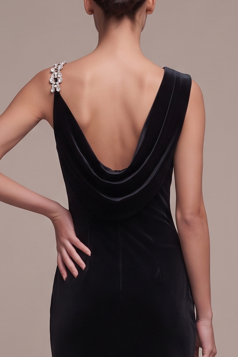 Black Velvet Asymmetrical Neck Ruched Maxi Holiday Party Dress with Rhinestone