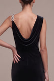 Black Velvet Asymmetrical Neck Ruched Maxi Holiday Party Dress with Rhinestone
