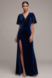 Navy Sheath V-Neck Velvet Flutter Sleeves Long Holiday Party Dress with Lace