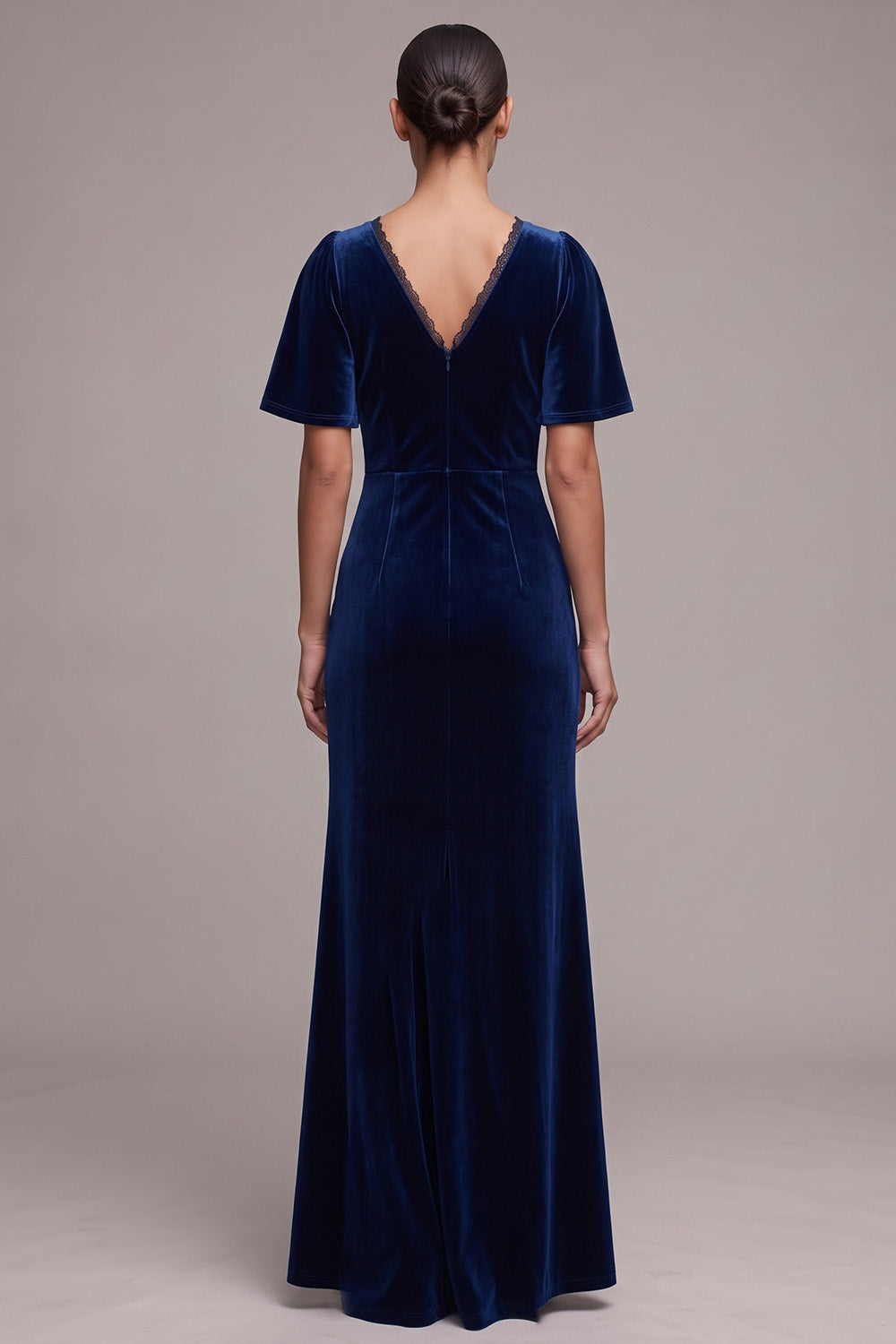 Navy Sheath V-Neck Velvet Flutter Sleeves Long Holiday Party Dress with Lace