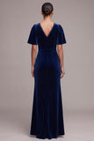 Navy Sheath V-Neck Velvet Flutter Sleeves Long Holiday Party Dress with Lace