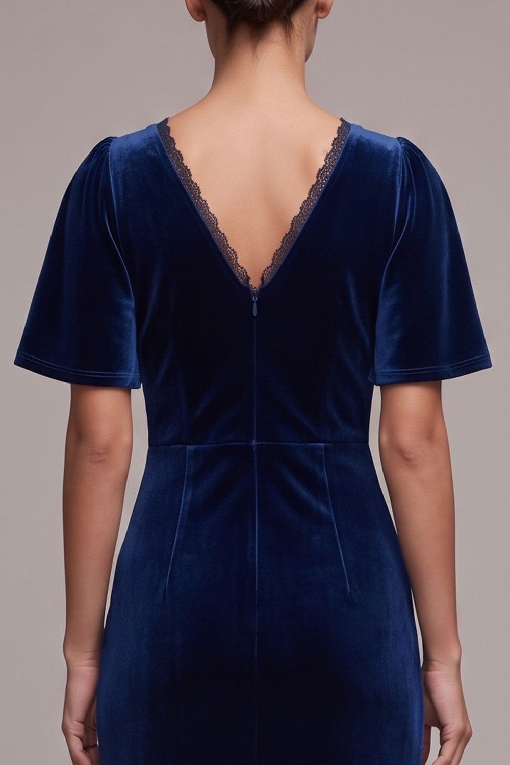Navy Sheath V-Neck Velvet Flutter Sleeves Long Holiday Party Dress with Lace