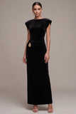 Black Velvet Sheath Ruched Cap Sleeves Maxi Holiday Party Dress with Rhinestone
