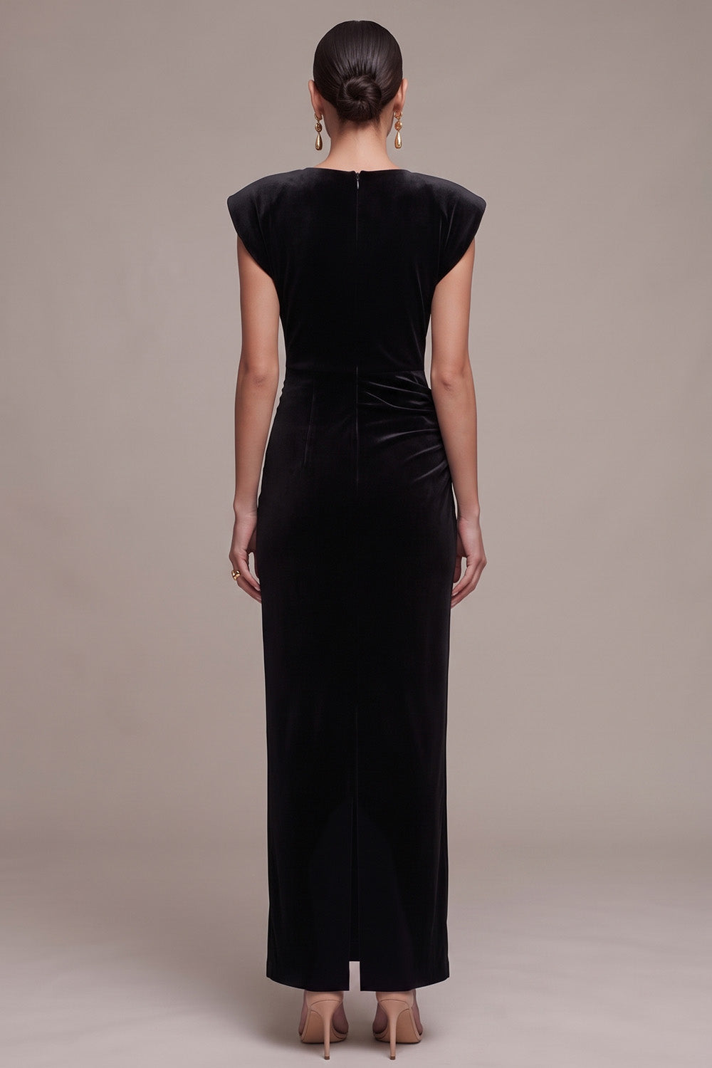 Black Velvet Sheath Ruched Cap Sleeves Maxi Holiday Party Dress with Rhinestone