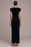 Black Velvet Sheath Ruched Cap Sleeves Maxi Holiday Party Dress with Rhinestone