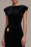 Black Velvet Sheath Ruched Cap Sleeves Maxi Holiday Party Dress with Rhinestone