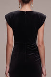 Black Velvet Sheath Ruched Cap Sleeves Maxi Holiday Party Dress with Rhinestone