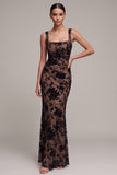 Coffee Square Neck Floral Ruched Maxi Holiday Party Dress