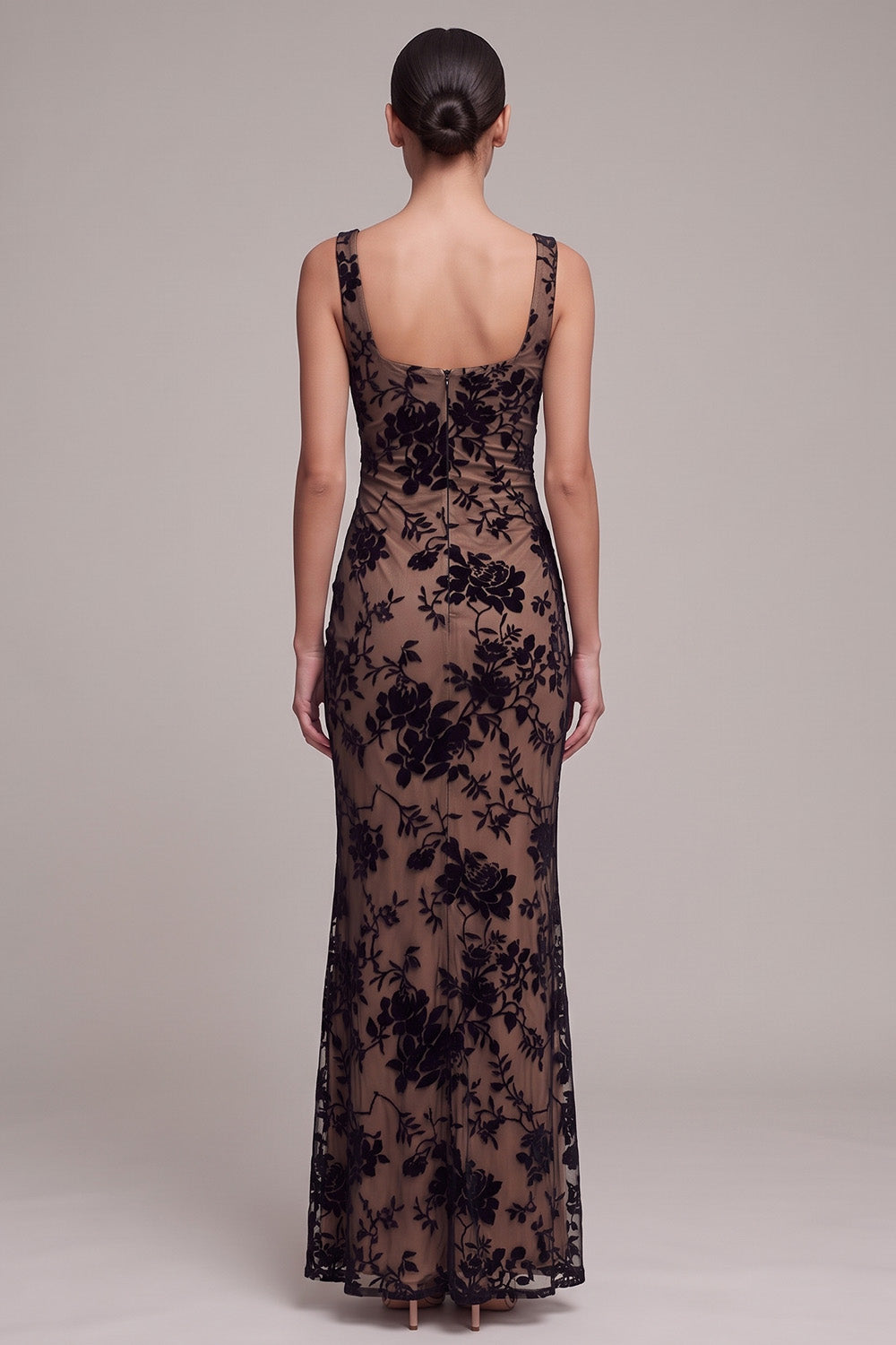 Coffee Square Neck Floral Ruched Maxi Holiday Party Dress