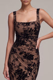 Coffee Square Neck Floral Ruched Maxi Holiday Party Dress