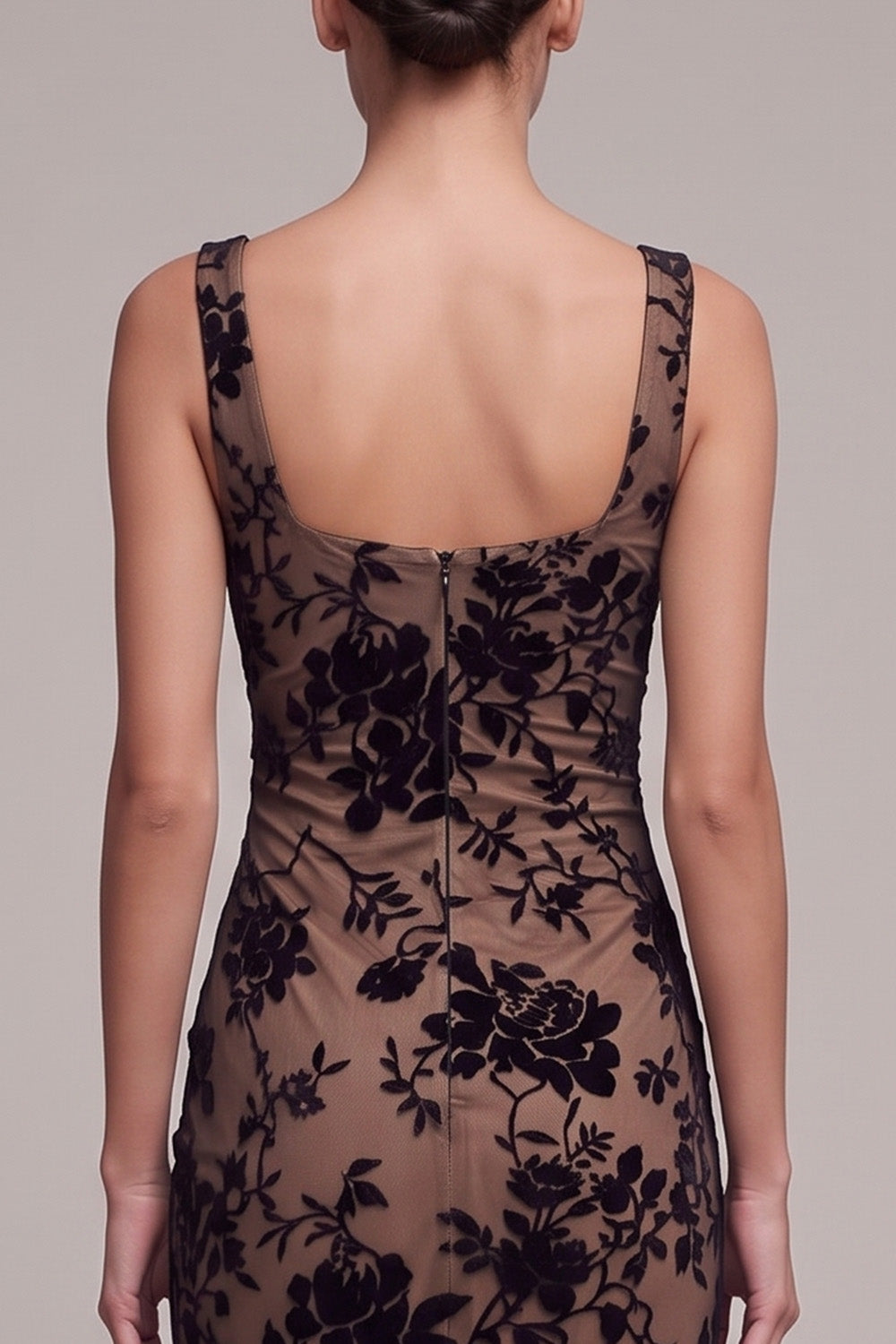 Coffee Square Neck Floral Ruched Maxi Holiday Party Dress