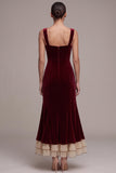 Burgundy Mermaid Velvet Ruffled Maxi Holiday Party Dress with Bows