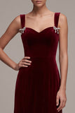 Burgundy Mermaid Velvet Ruffled Maxi Holiday Party Dress with Bows