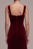 Burgundy Mermaid Velvet Ruffled Maxi Holiday Party Dress with Bows