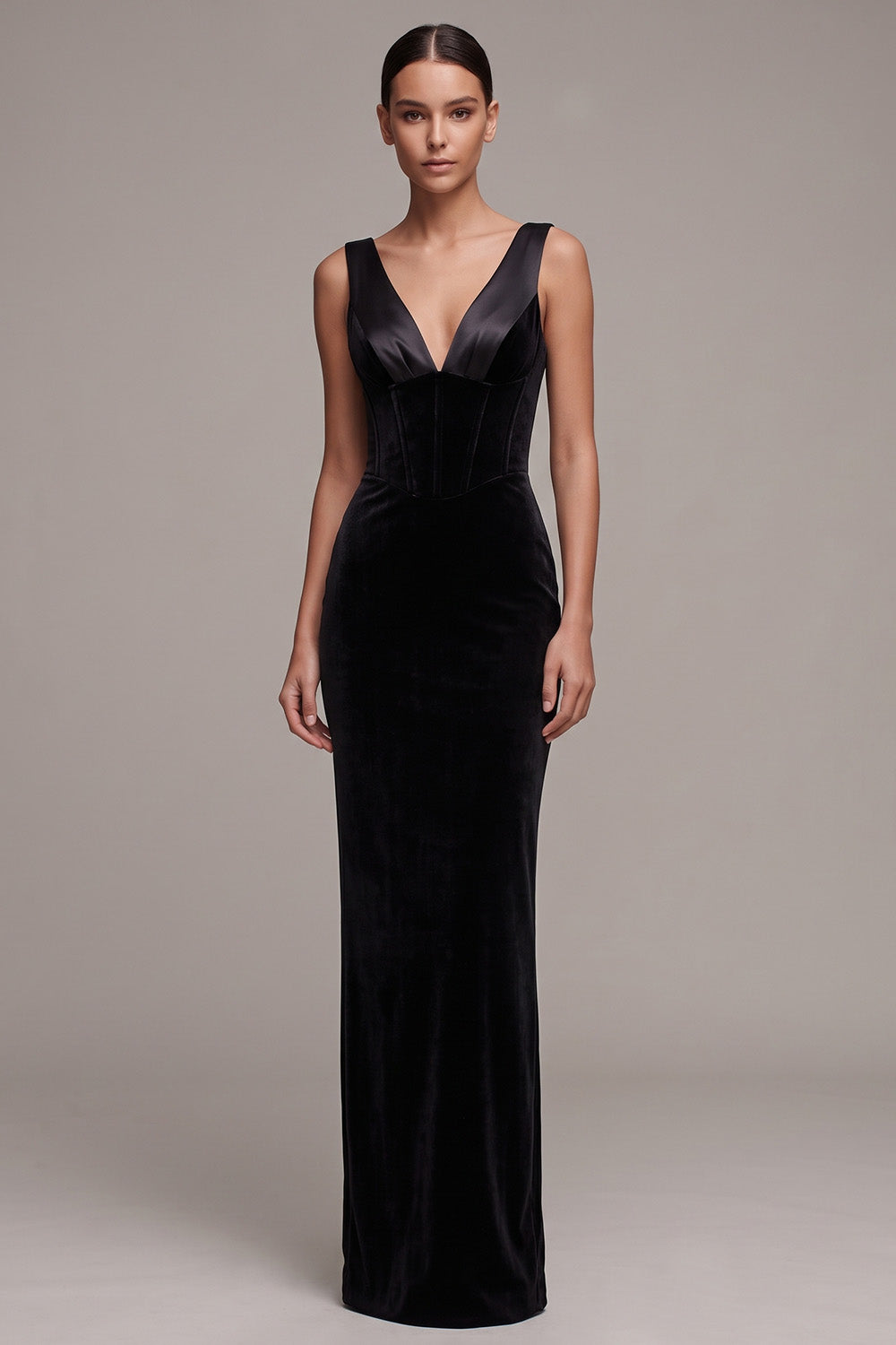 Black Velvet Corset V-Neck Sheath Long Holiday Party Dress