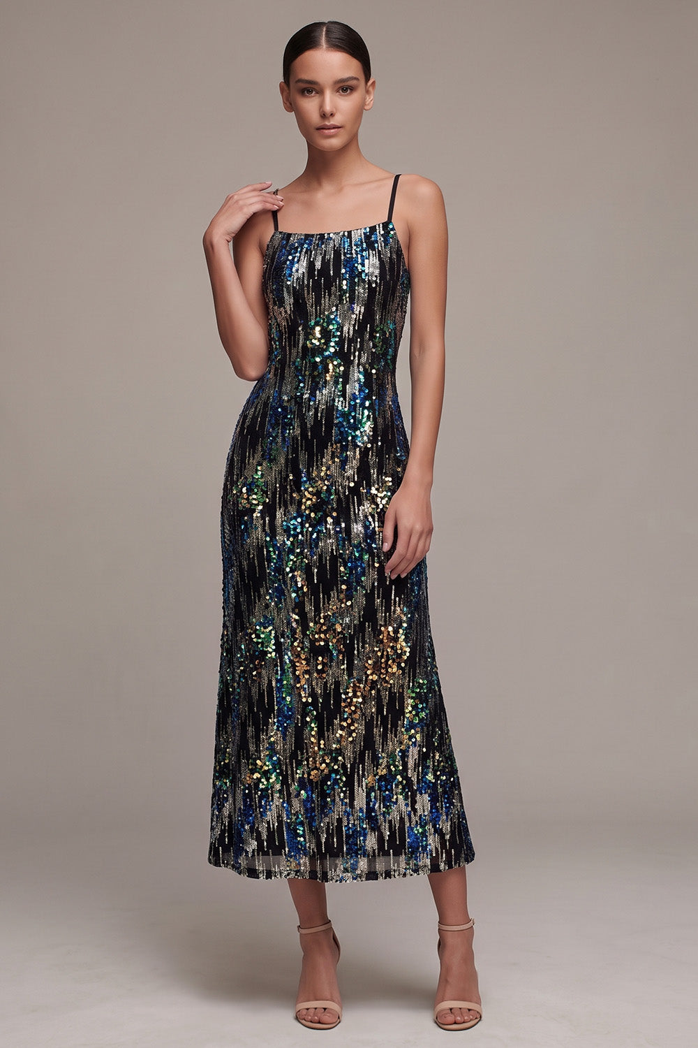 Sparkly Sheath Spaghetti Straps Black Sequin Velvet Midi Holiday Party Dress