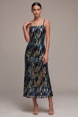 Sparkly Sheath Spaghetti Straps Black Sequin Velvet Midi Holiday Party Dress