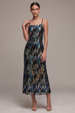 Sparkly Sheath Spaghetti Straps Black Sequin Velvet Midi Holiday Party Dress