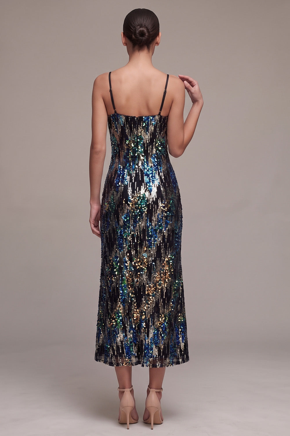 Sparkly Sheath Spaghetti Straps Black Sequin Velvet Midi Holiday Party Dress