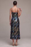 Sparkly Sheath Spaghetti Straps Black Sequin Velvet Midi Holiday Party Dress