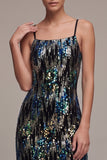 Sparkly Sheath Spaghetti Straps Black Sequin Velvet Midi Holiday Party Dress