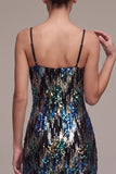 Sparkly Sheath Spaghetti Straps Black Sequin Velvet Midi Holiday Party Dress