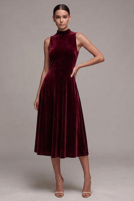A-Line High Neck Burgundy Velvet Midi Holiday Party Dress