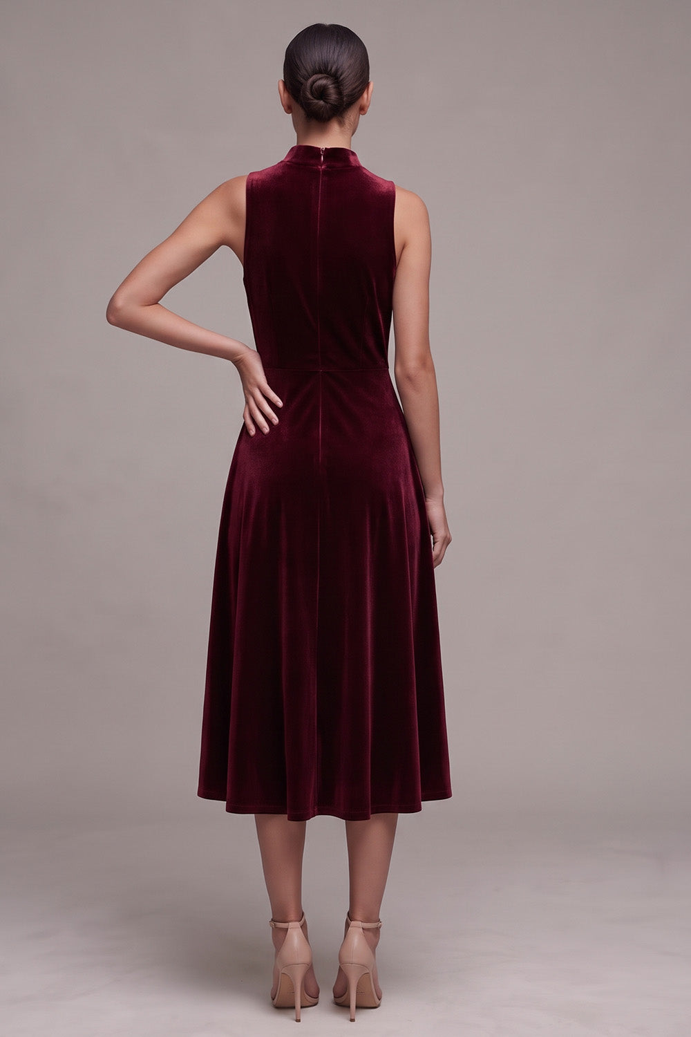 A-Line High Neck Burgundy Velvet Midi Holiday Party Dress