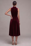 A-Line High Neck Burgundy Velvet Midi Holiday Party Dress