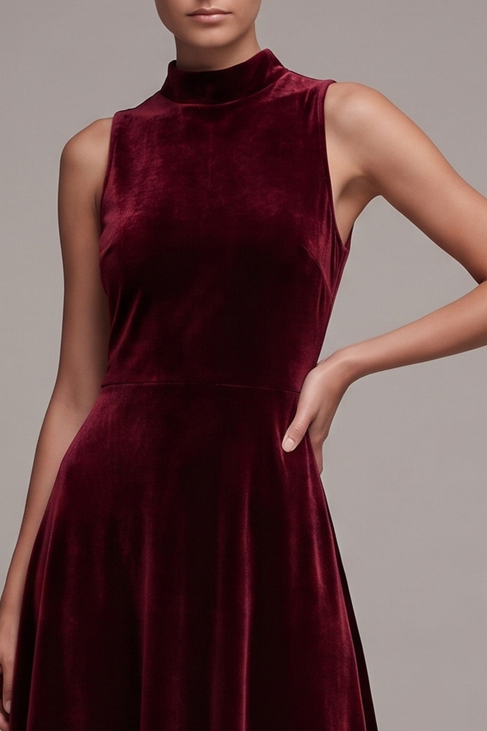 A-Line High Neck Burgundy Velvet Midi Holiday Party Dress