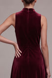 A-Line High Neck Burgundy Velvet Midi Holiday Party Dress