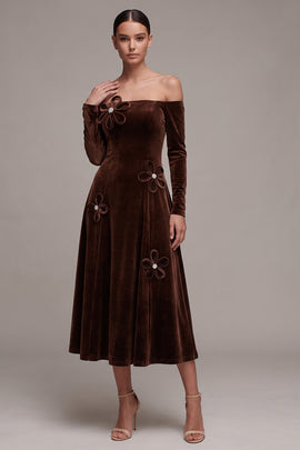 Coffee Velvet A-Line Long Sleeves Holiday Party Dress with 3D Flowers