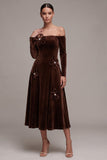 Coffee Velvet A-Line Long Sleeves Holiday Party Dress with 3D Flowers