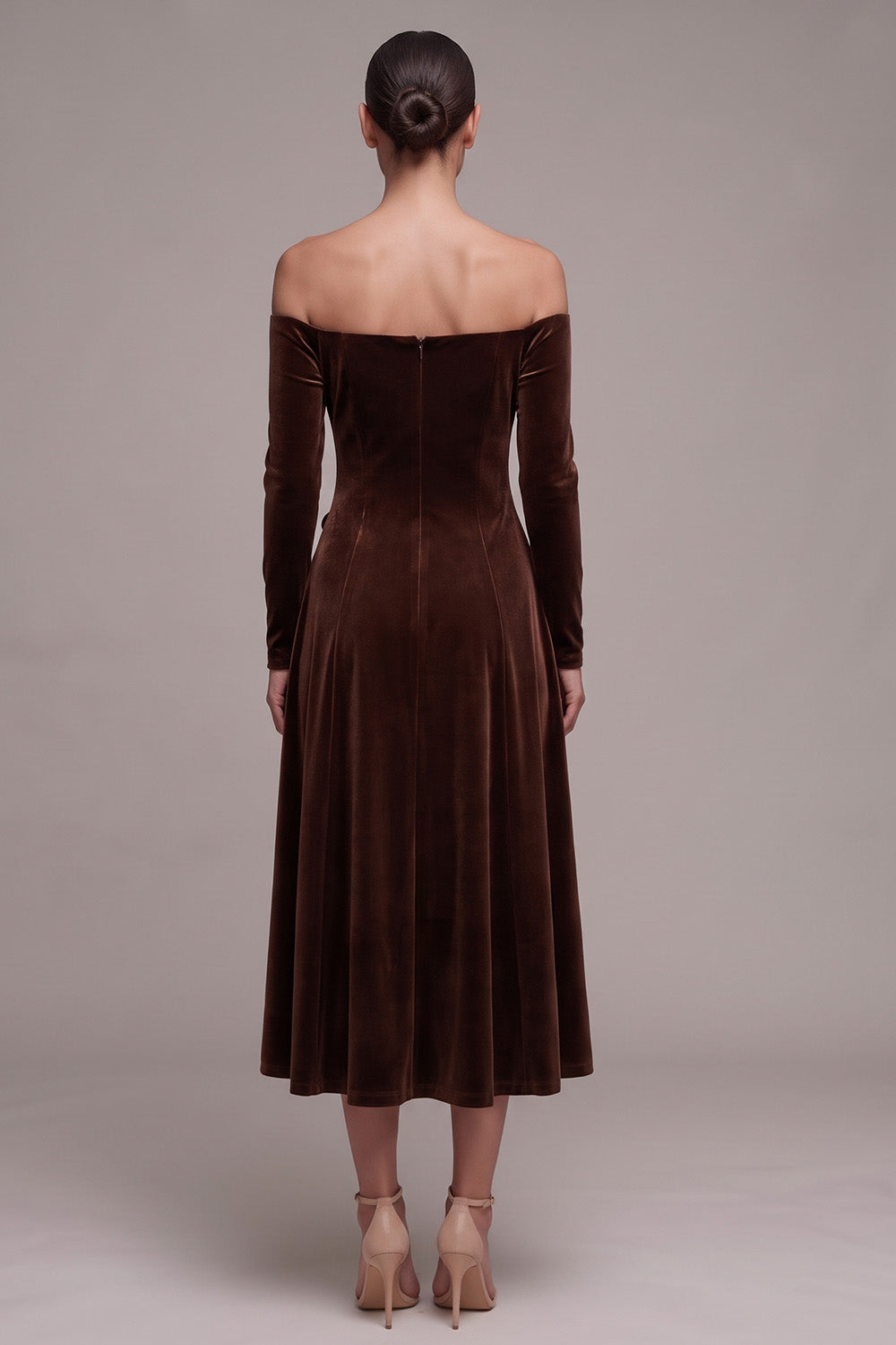 Coffee Velvet A-Line Long Sleeves Holiday Party Dress with 3D Flowers