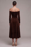 Coffee Velvet A-Line Long Sleeves Holiday Party Dress with 3D Flowers