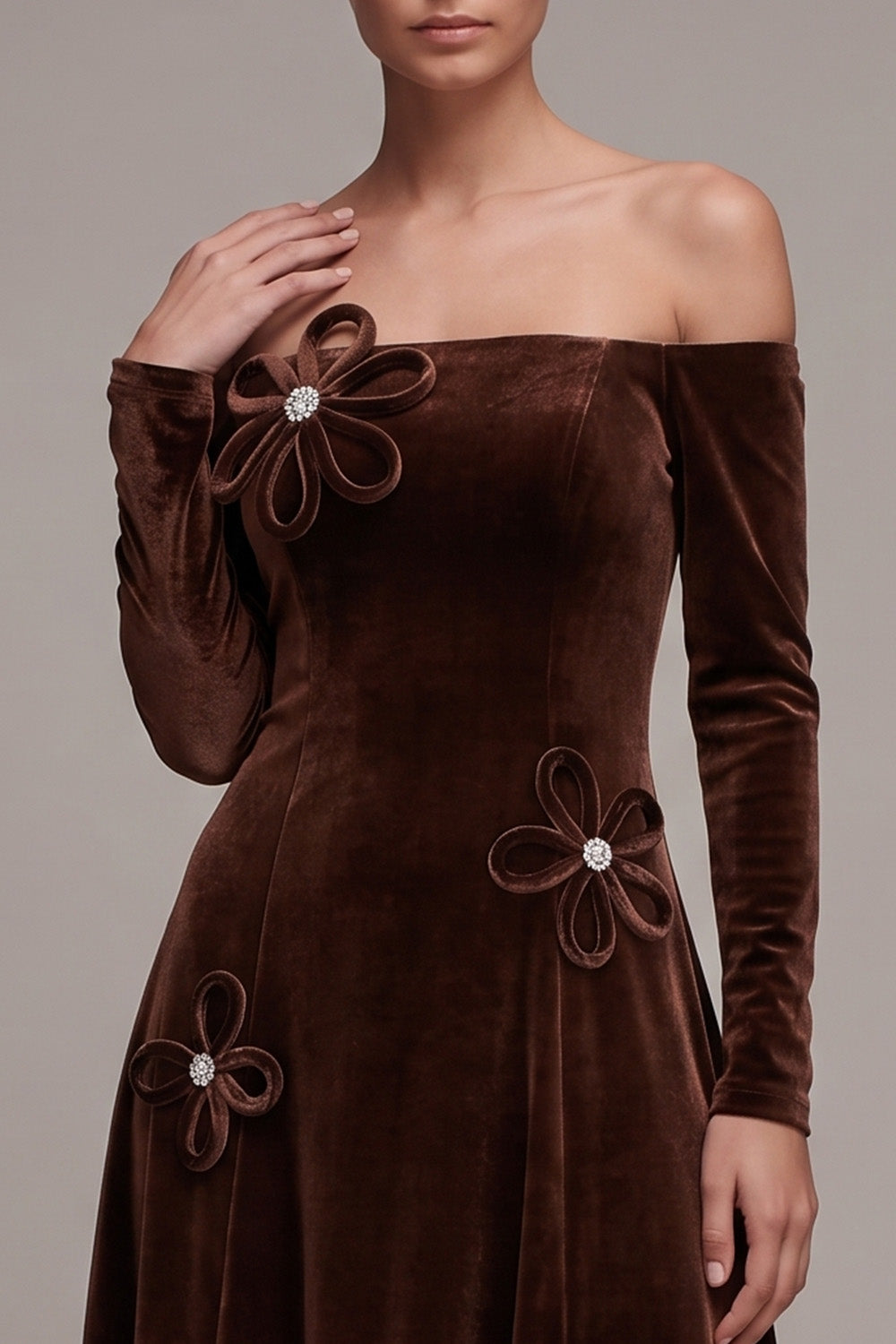 Coffee Velvet A-Line Long Sleeves Holiday Party Dress with 3D Flowers