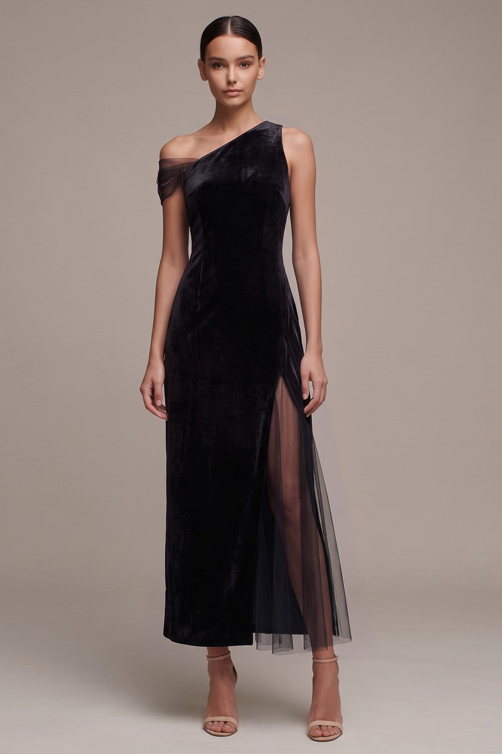 Sheath One Shoulder Black Velvet Maxi Holiday Party Dress with Slit