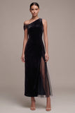 Sheath One Shoulder Black Velvet Maxi Holiday Party Dress with Slit