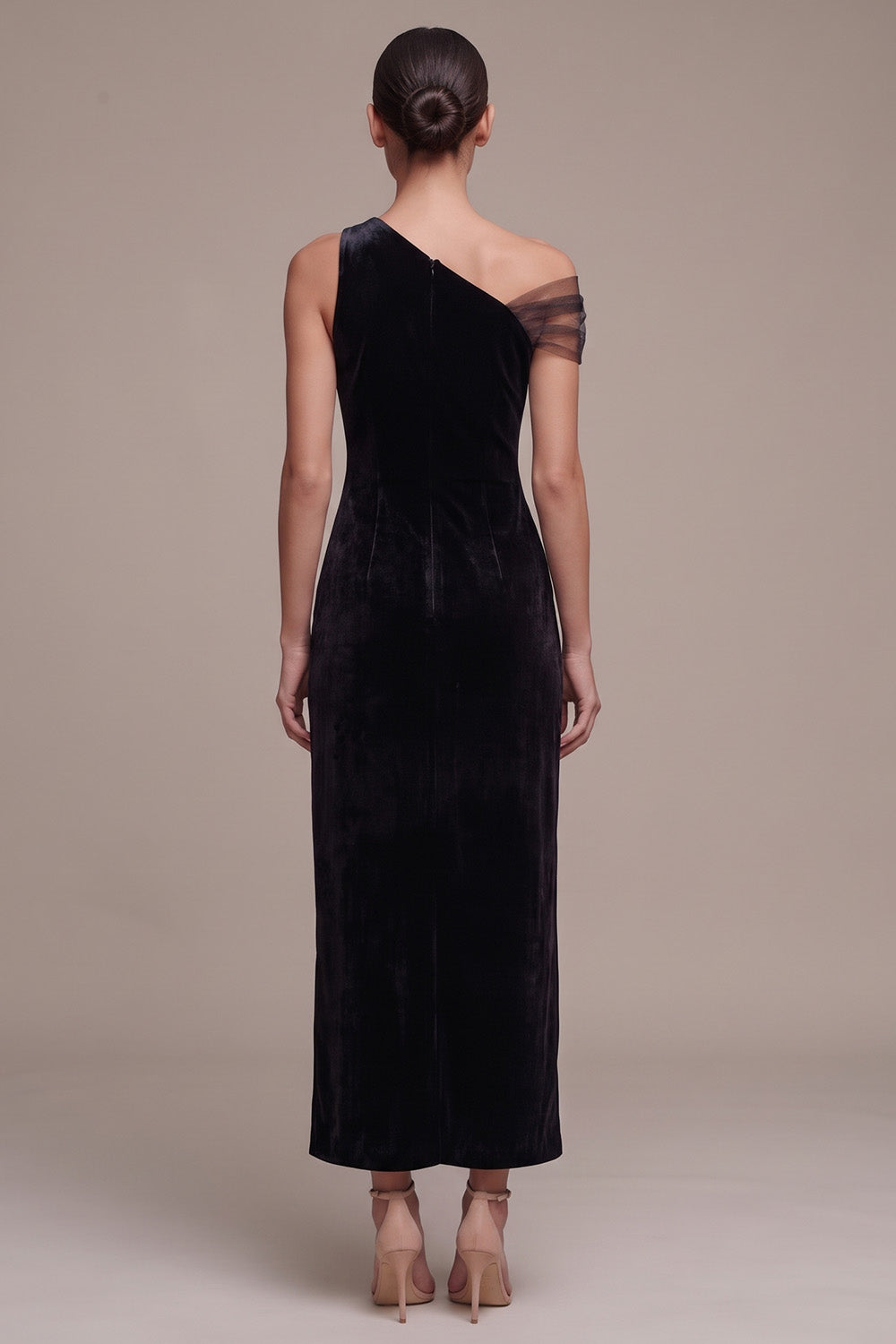 Sheath One Shoulder Black Velvet Maxi Holiday Party Dress with Slit