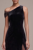 Sheath One Shoulder Black Velvet Maxi Holiday Party Dress with Slit