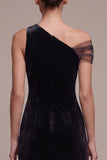 Sheath One Shoulder Black Velvet Maxi Holiday Party Dress with Slit