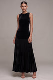 Black Velvet Round Neck Pleated A Line Maxi Holiday Party Dress
