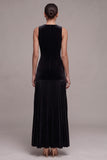 Black Velvet Round Neck Pleated A Line Maxi Holiday Party Dress