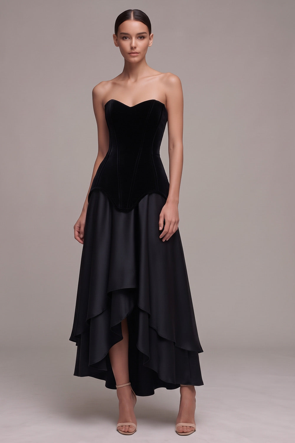 Black Corset Sweetheart Tiered A Line High-Low Holiday Party Dress