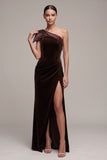 Coffee Velvet One Shoulder Ruched Long Holiday Party Dress with Slit
