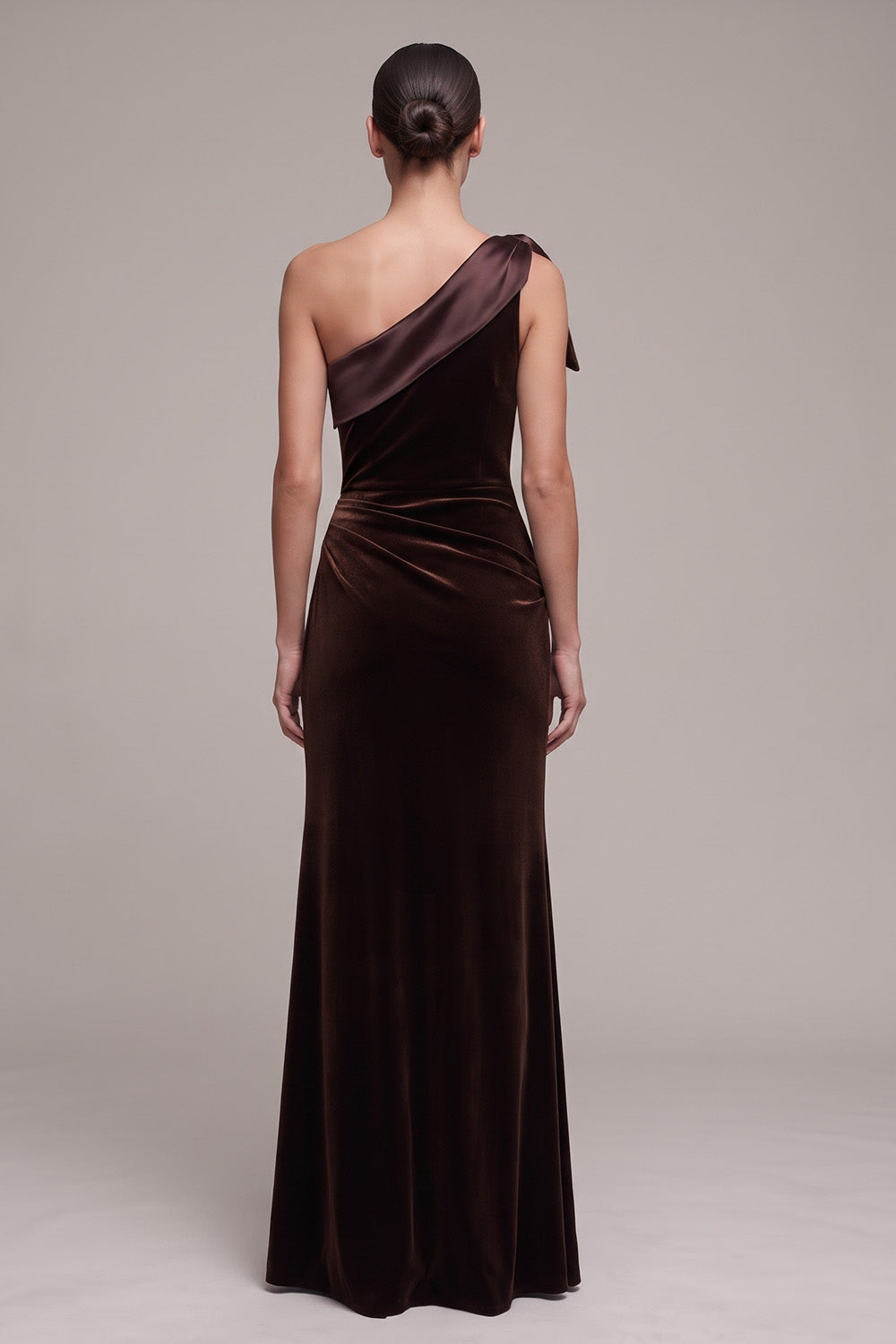 Coffee Velvet One Shoulder Ruched Long Holiday Party Dress with Slit