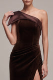 Coffee Velvet One Shoulder Ruched Long Holiday Party Dress with Slit