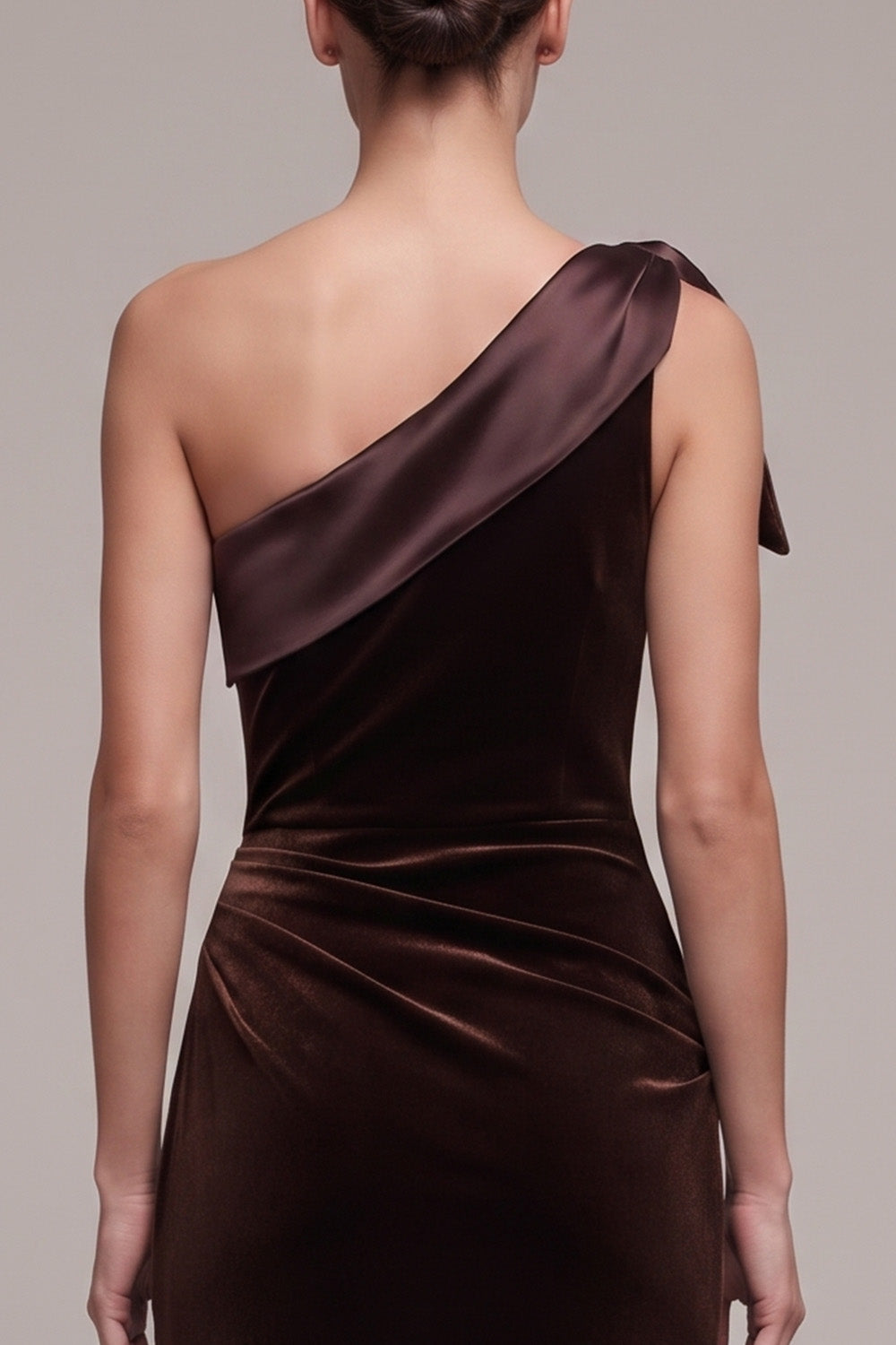 Coffee Velvet One Shoulder Ruched Long Holiday Party Dress with Slit
