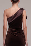 Coffee Velvet One Shoulder Ruched Long Holiday Party Dress with Slit