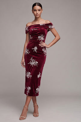 Burgundy Off the Shoulder Floral Beaded Velvet Midi Holiday Party Dress with Slit